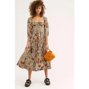 Free People | Oasis Midi Printed Dress | Small | Animal Print Ruffle Smocked